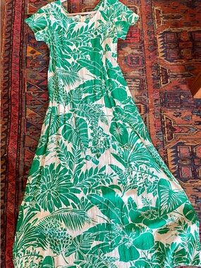 Jams World Vintage Green & White Rayon Tropical Print Maxi Dress Back Zip